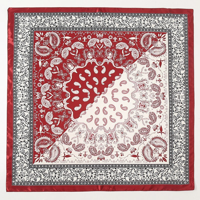 Two Tone Red White Paisley Satin Bandana Scarf Square Head Neck Wrap for Women
