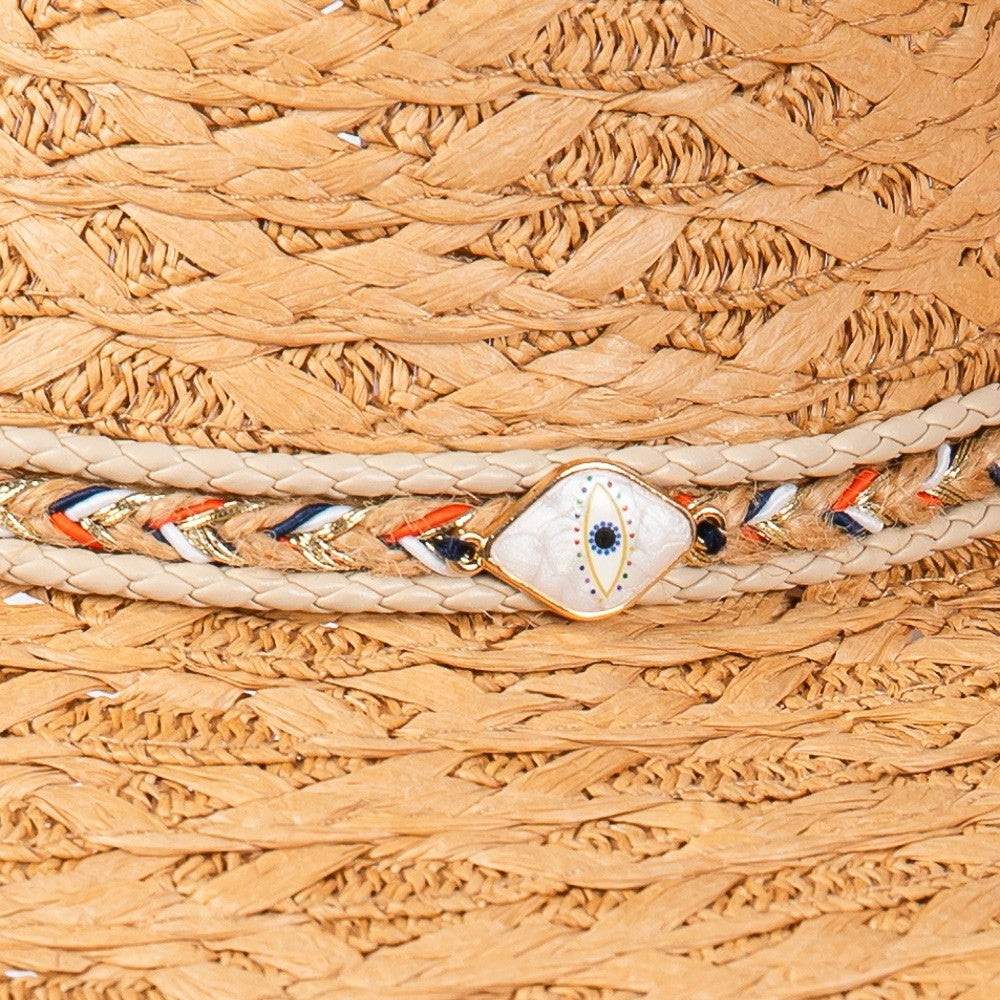 Women's Woven Evil Eye Straw Hat Floppy Sun Beach Bohemian Hat for Ladies