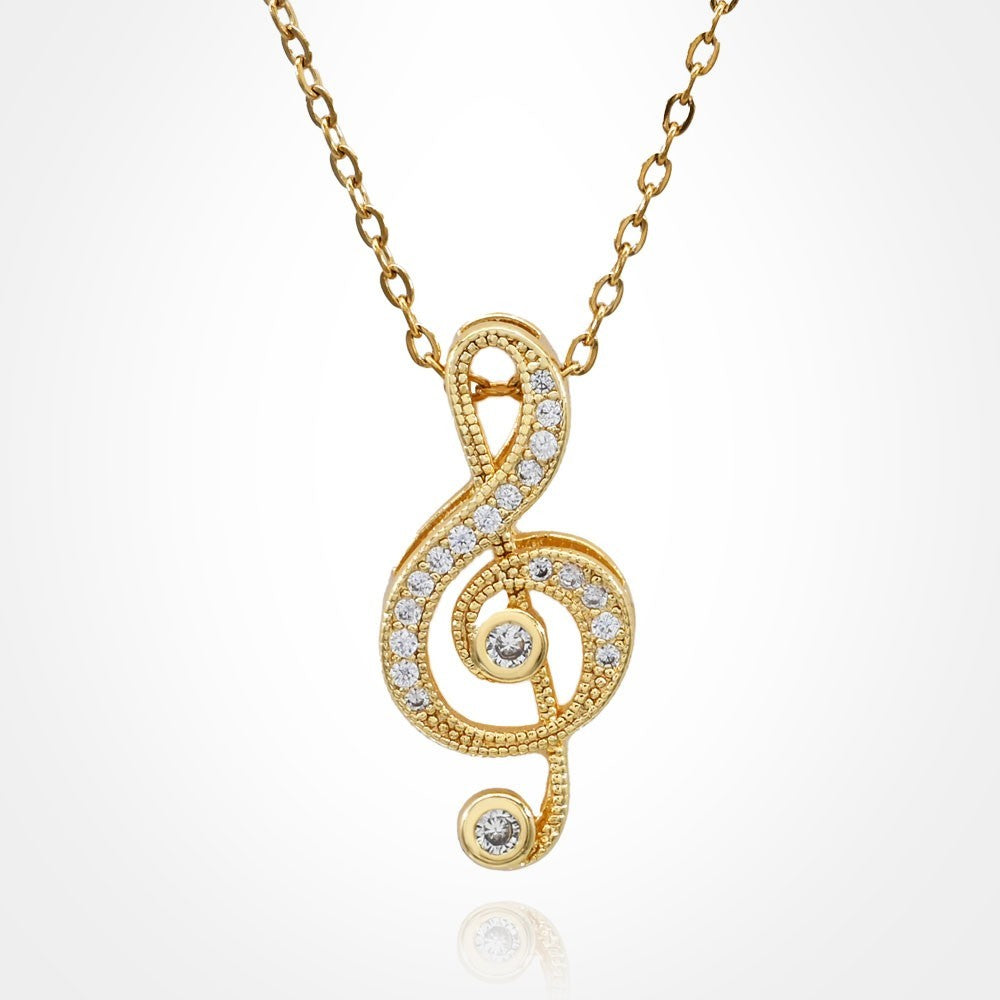 Matching Gold and Silver Treble Clef Pendant Necklaces  Stainless Steel CZ Jewel