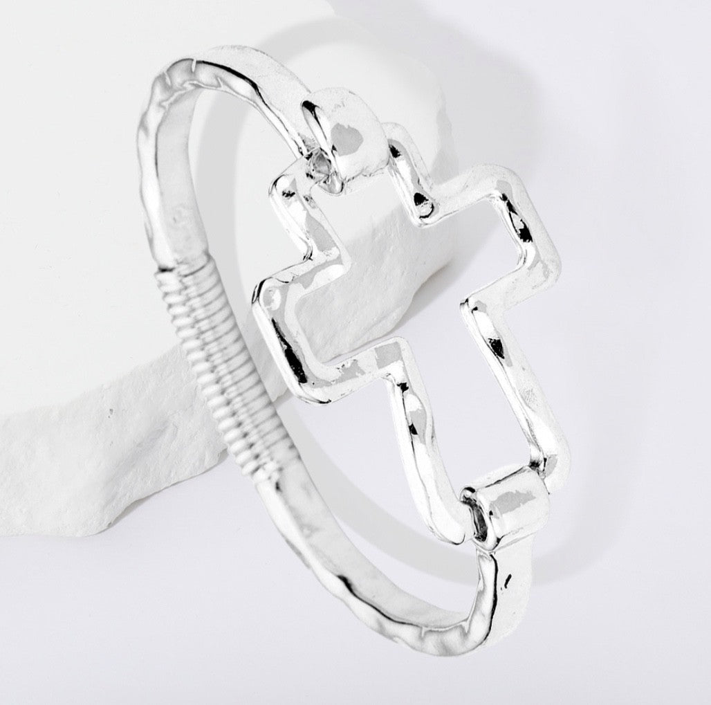 Silver Hammered Open Cross Bangle Bracelet - Modern Religious Faith Jewelry