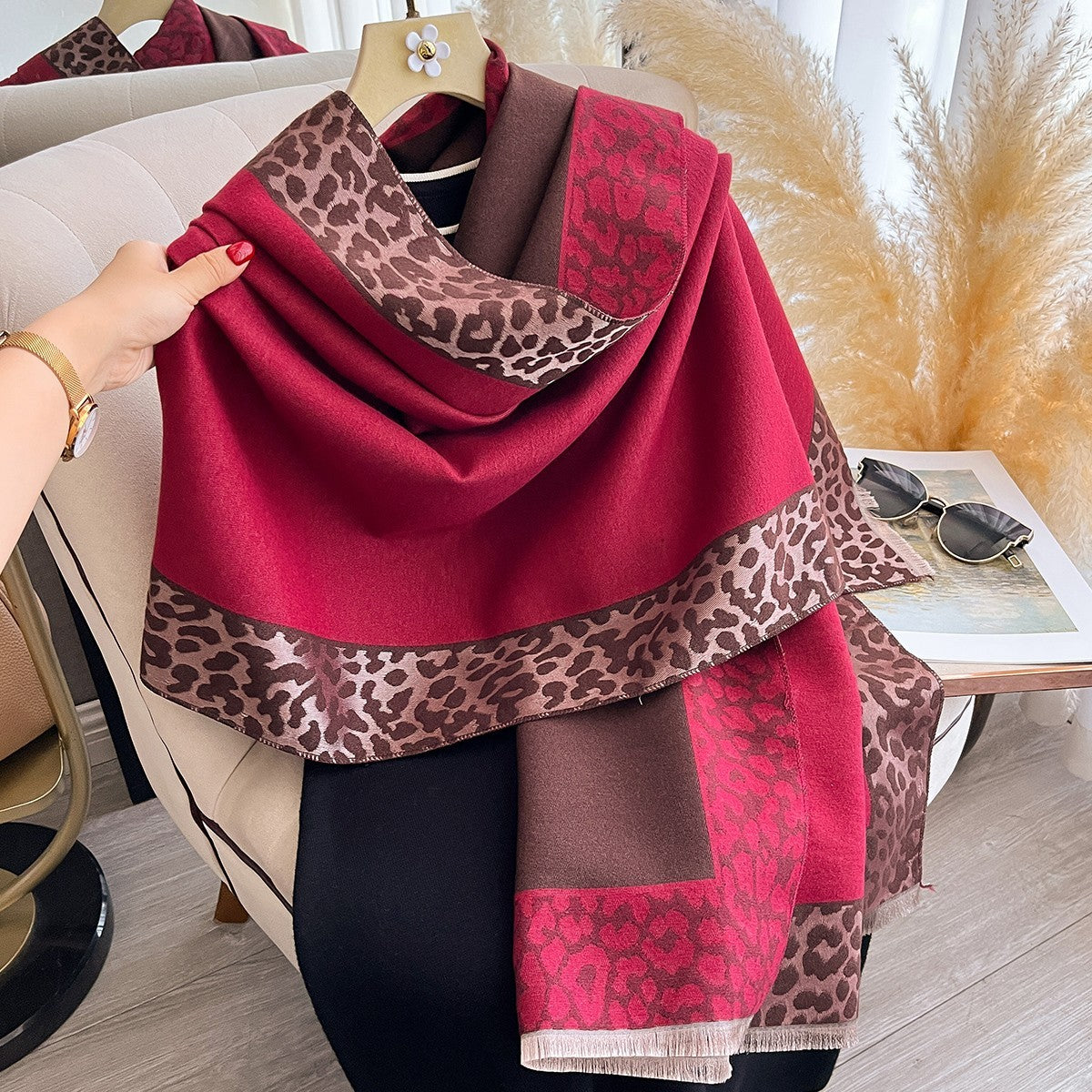 Red Gray Leopard Print Shawl Wrap Scarf Oversized Blanket Cashmere Feel Tassel