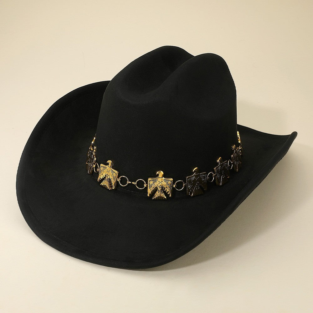Black Western Thunderbird Hat Gold Tone Chain Cowboy Fedora for Women Hats Gifts