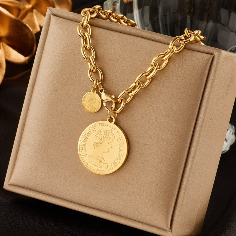 18K Gold Plated Queen Elizabeth II Coin Pendant Link Chain Necklace Jewelry