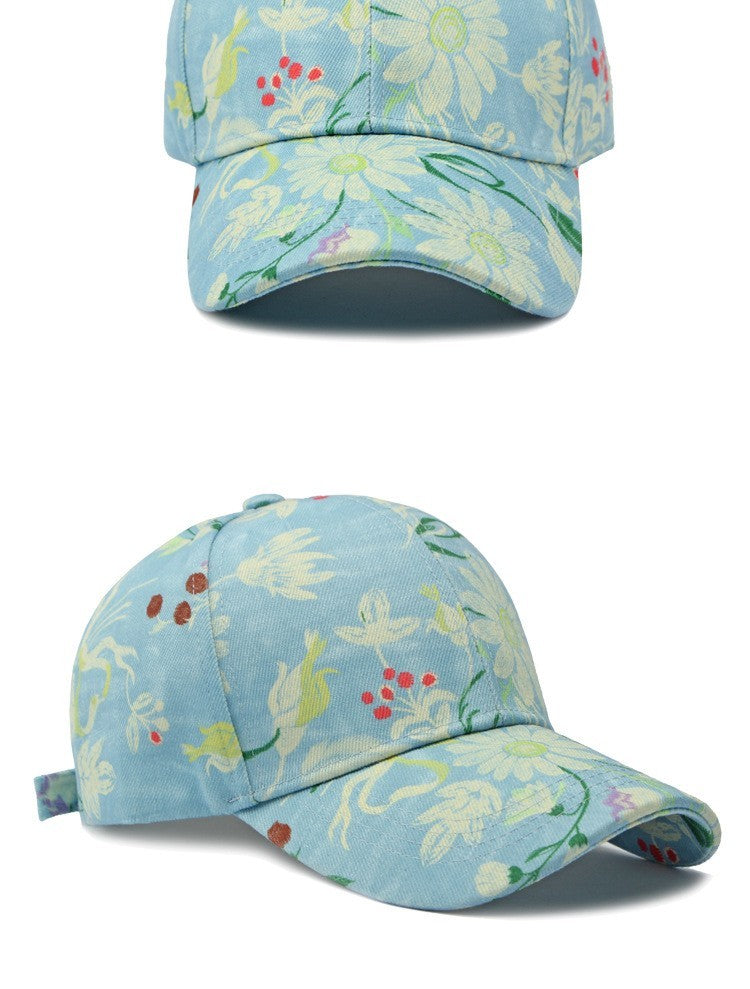 Floral Daisy Baseball Cap Light Blue Denim Style Cotton Hat Women's Summer