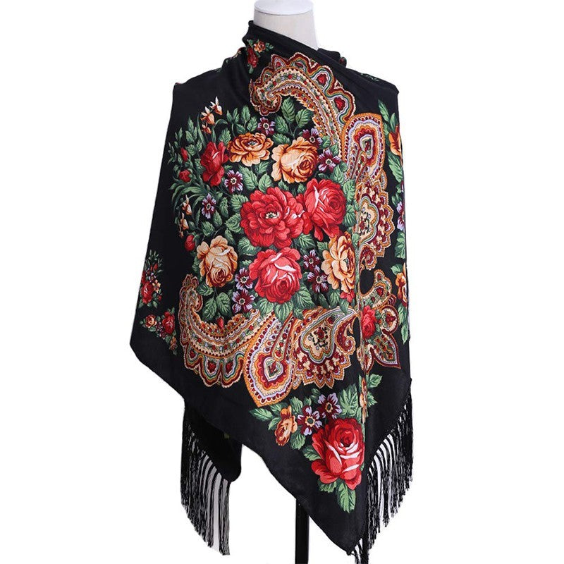 Black Floral Paisley Russian Style Scarf Shawl Polyester Fringe 67" x 27.5"