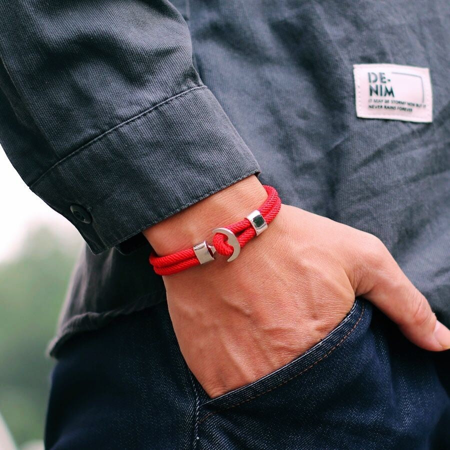 Men’s Red Rope Anchor Bracelet Nautical Charm Casual Sailor Marine Jewelry