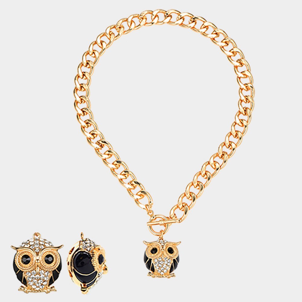 Glam Owl Statement Gold Tone Chunky Chain Toggle Necklace