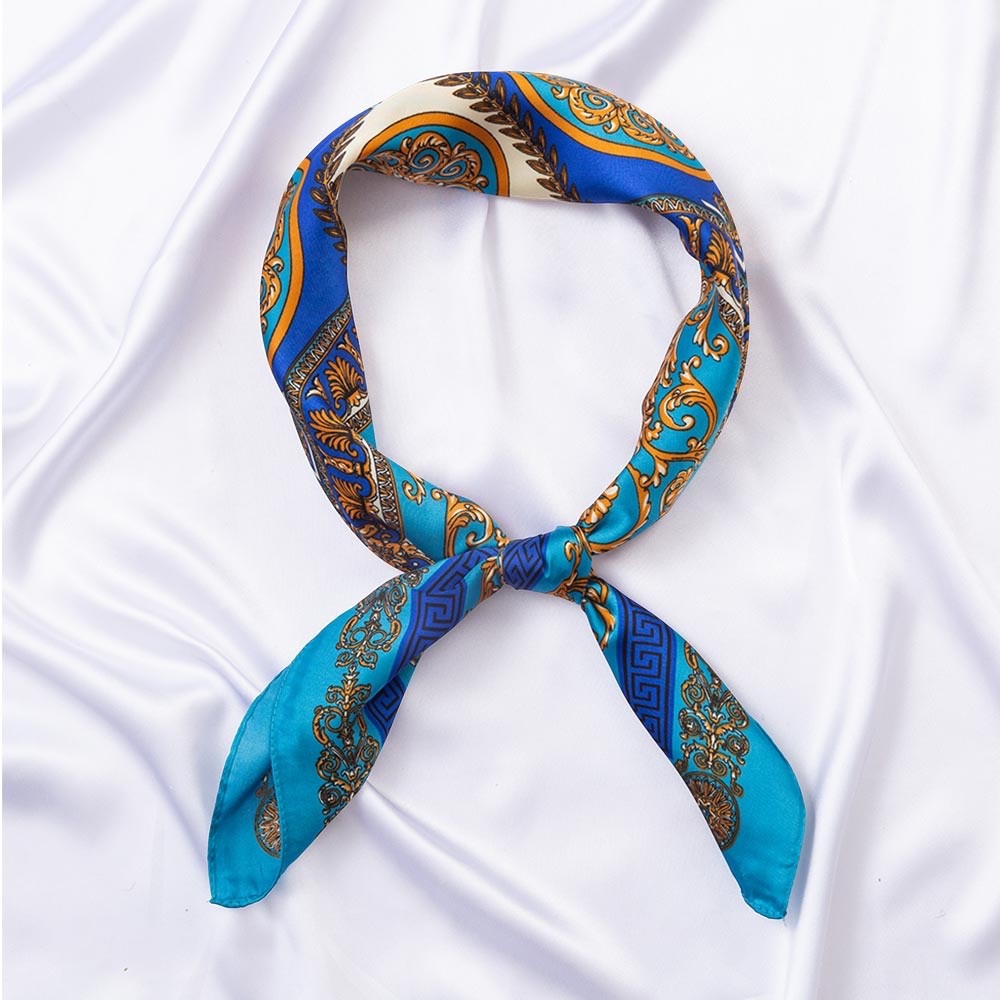 Blue Gold Baroque Silk Like Scarf Square Neck Head Scarf Bandana Handbag Wr