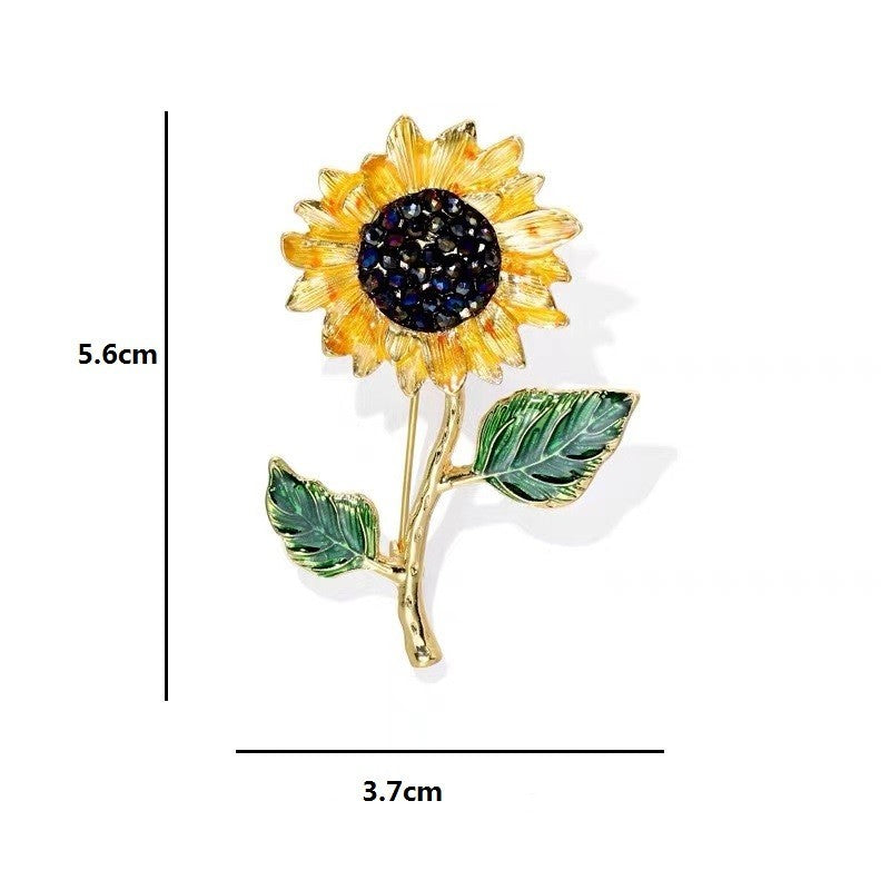Enameled Sunflower Brooch Pin with Rhinestones for Women Gold-Tone Jewelry