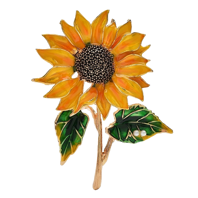 Vintage Style Enamel Sunflower Brooch Pin Gold Tone Faux Pearl Jewelry Gift