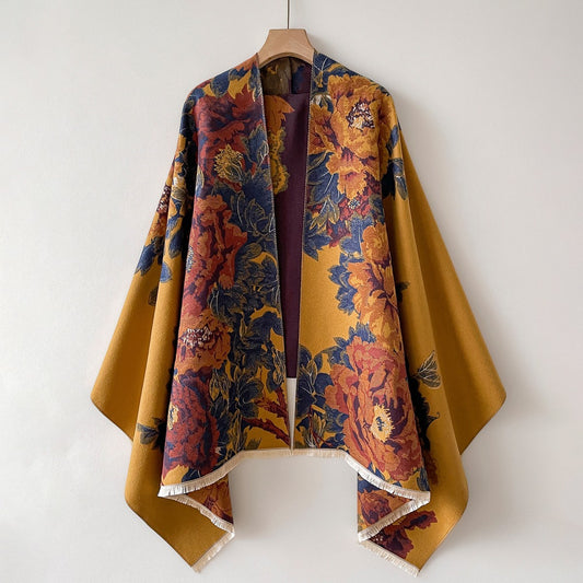 Reversible Floral Shawl Wrap Poncho Blanket Scarf Fall Winter Tassel Fringe