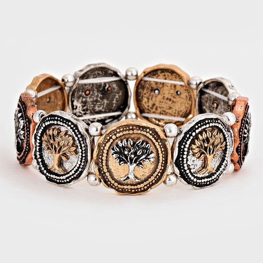 Vintage Rustic Tree of Life Metal Charm Engraved Stretch Bracelet for Women