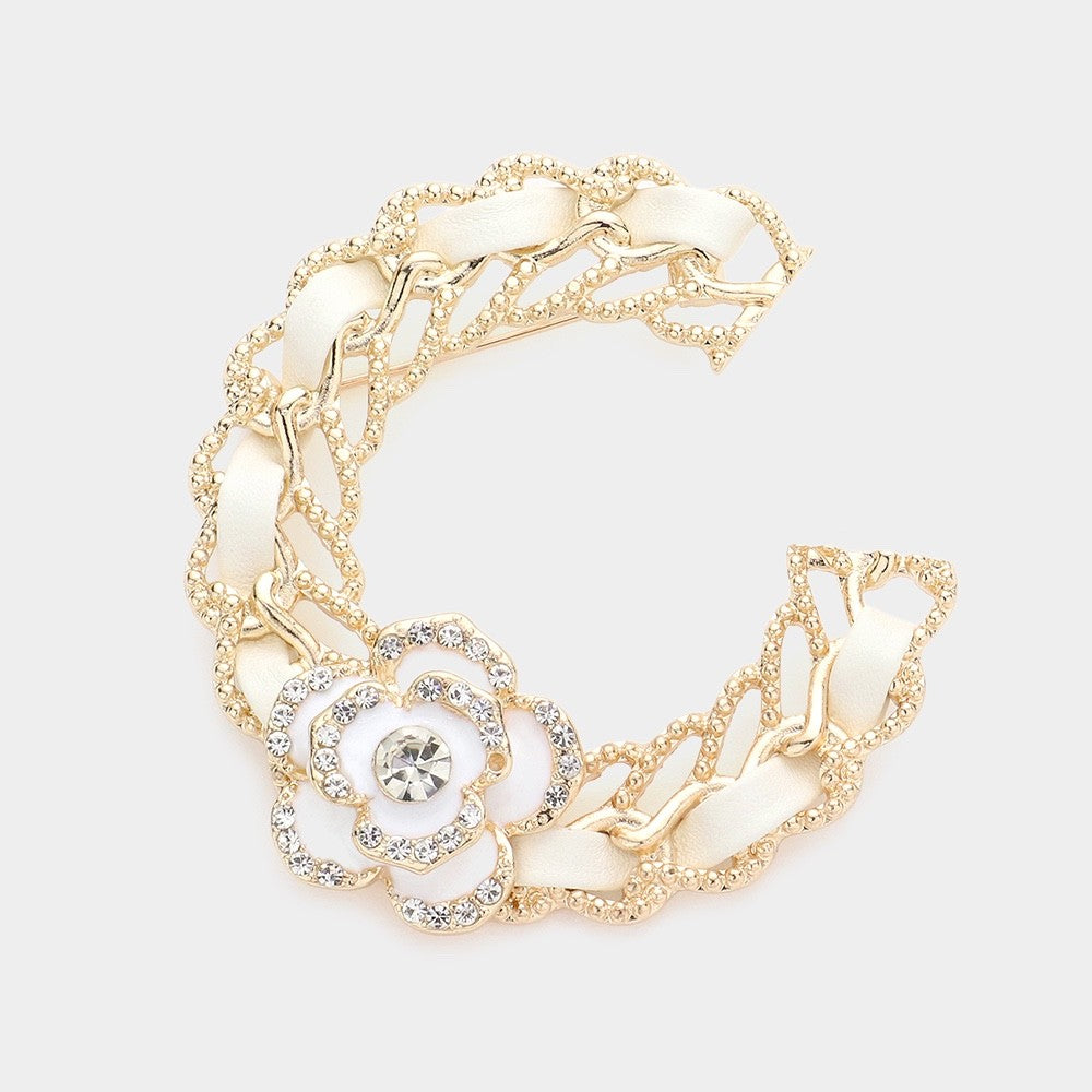 Gold White Enamel Flower Accented Rhinestone Statement Pin Brooch Jewelry Pin