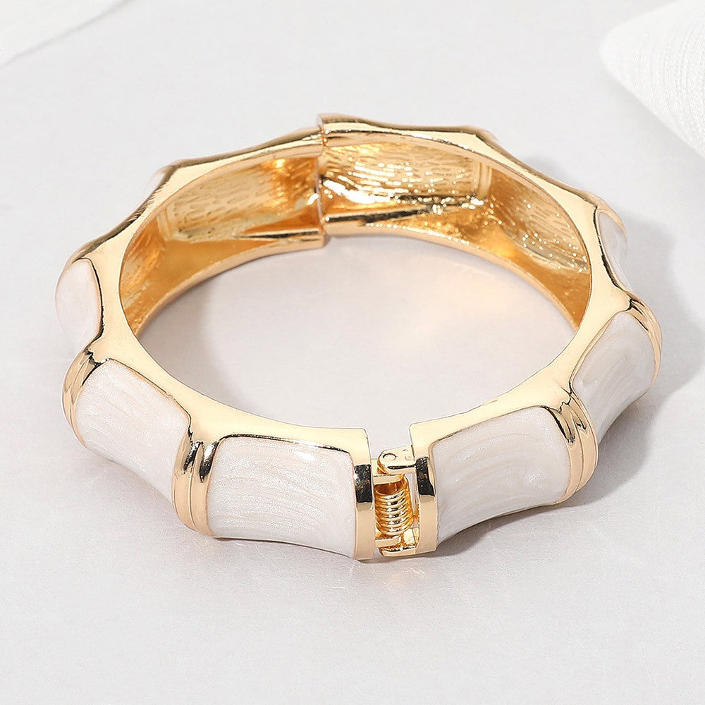 Glitter Enamel Inlay Bamboo Shape Hinged Womens Bangle Bracelet Hinged Closure