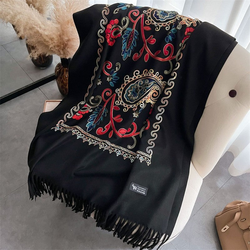 3pcs Embroidered Cashmere Pashmina Shawl Scarf Set Black Cream Red