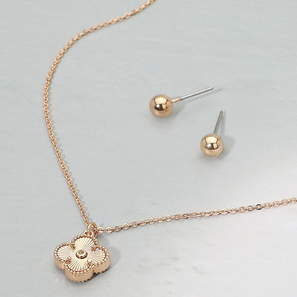 Chic Clover Necklace & Stud Earrings Set Rose Gold Tone Women's Jewelry Gift
