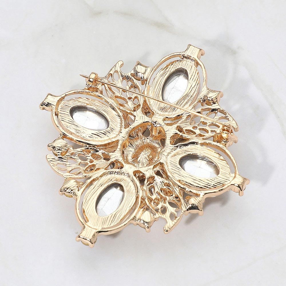 Emerald Green Crystal Victorian Starburst Brooch Gold Tone Large Statement Pin