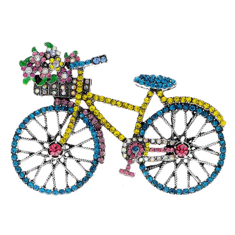 Colorful Rhinestone Bicycle Brooch Pin Flower Basket Bike Jewelry Gift
