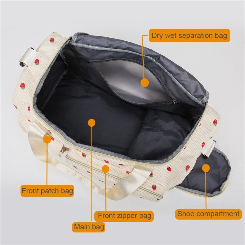 Strawberry Corduroy Travel Duffel Bag Shoe Compartment Trolley Sleeve