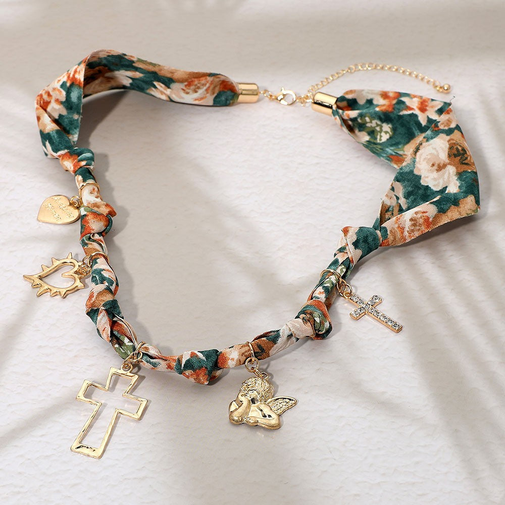 2 Pcs Women's Floral Fabric Scarf Necklace Cross Angel Heart Charm Station Gold