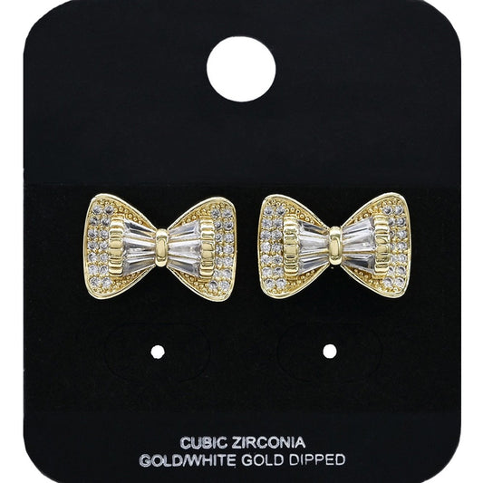 Gold White Gold Dipped Cubic Zirconia Bow Stud Earrings Dainty Ribbon Jewelry