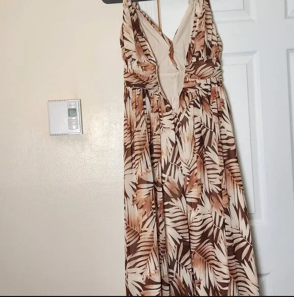Tropical Print Sheer Maxi Dress for Women Vacation Outfit for Ladies Brown US S
