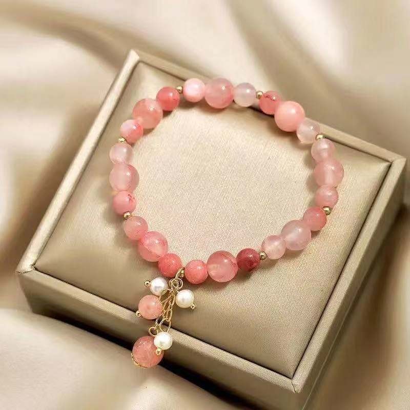 2PCS Handmade Pink Stone Beaded Bracelets with Pearl Charms for Women Gift