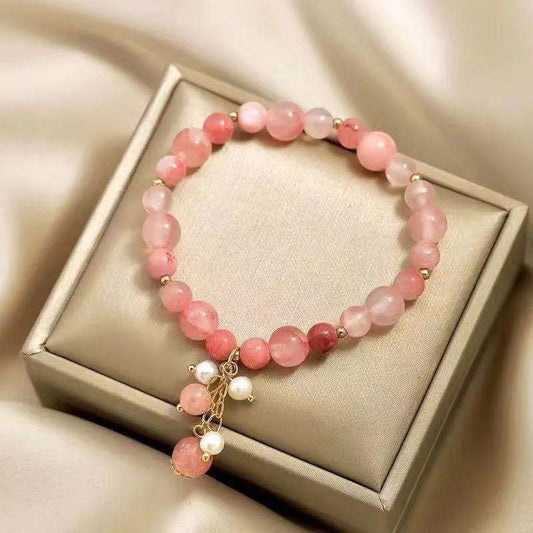 2PCS Handmade Pink Stone Beaded Bracelets with Pearl Charms for Women Gift