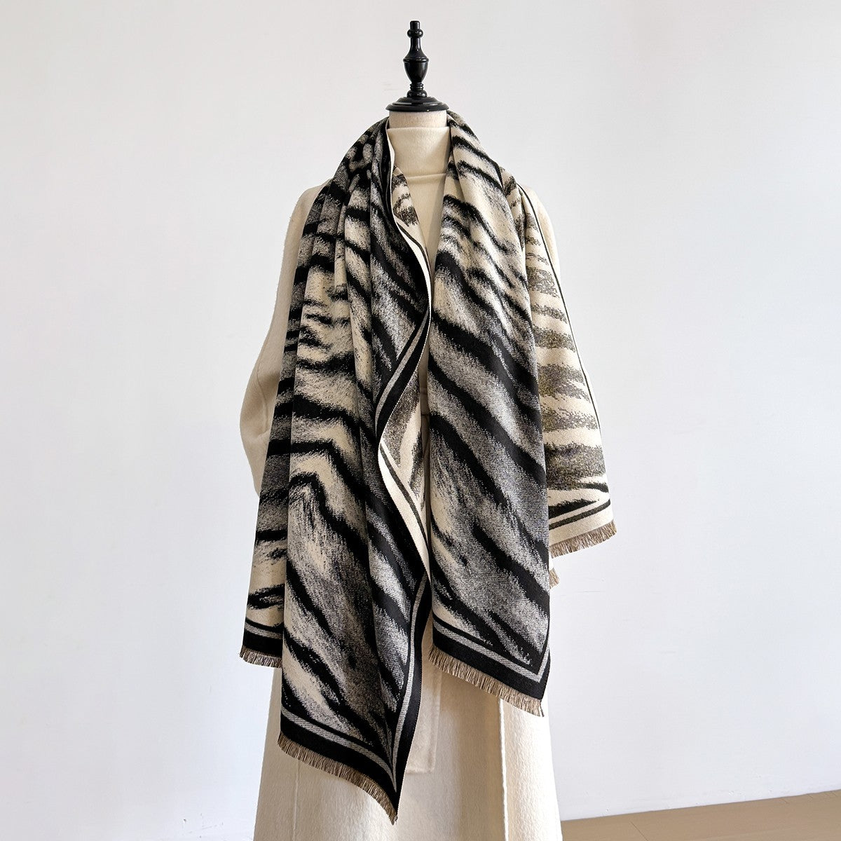 Luxe Oversized Black White Animal Print Shawl Scarf Wrap with Fringe for Women