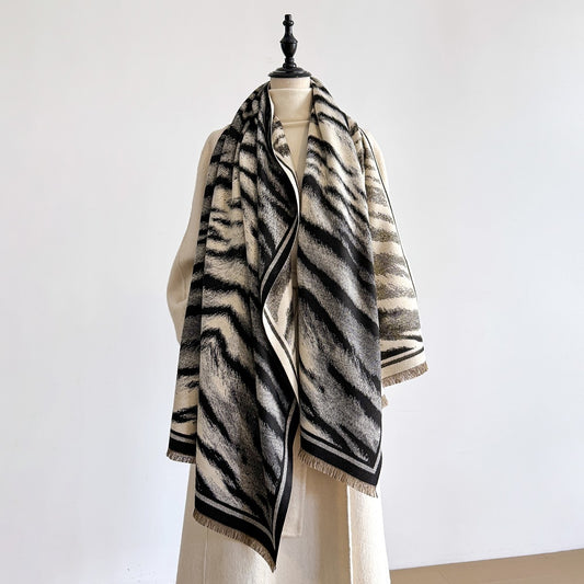 Luxe Oversized Black White Animal Print Shawl Scarf Wrap with Fringe for Women