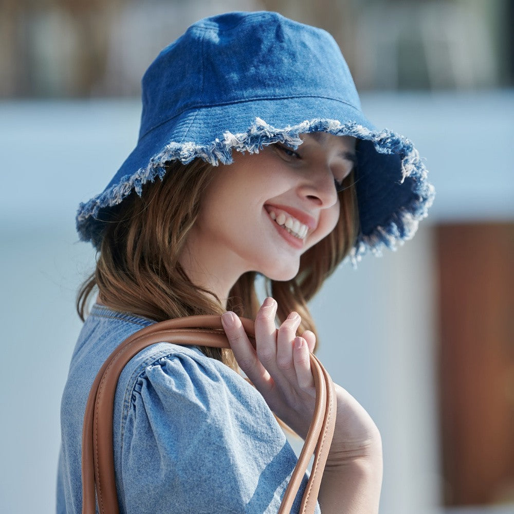 Women's Denim Bucket Hat Frayed Brim Summer Sun Cap Fisherman Blue Jeans