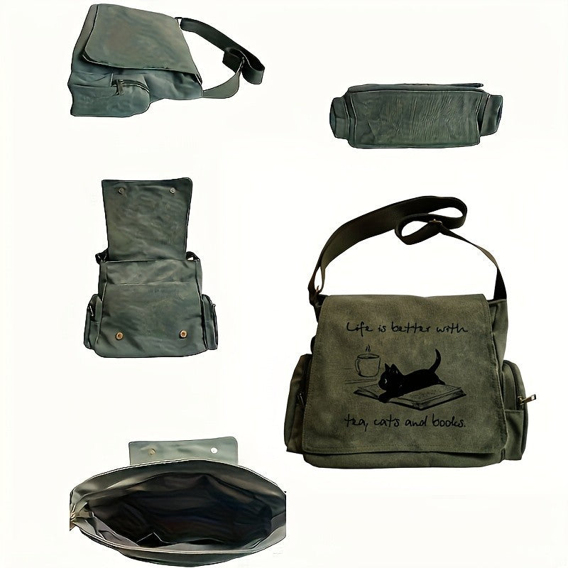 Green Canvas Messenger Bag Cat Tea Books Crossbody School Satchel Travel Tote