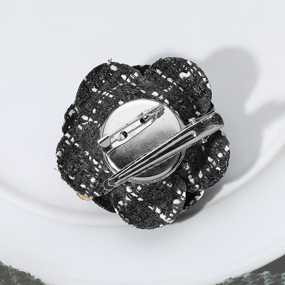 2PCS Elegant Camellia Flower Brooch Set Tweed Fabric Pin Hair Clip Black Pink