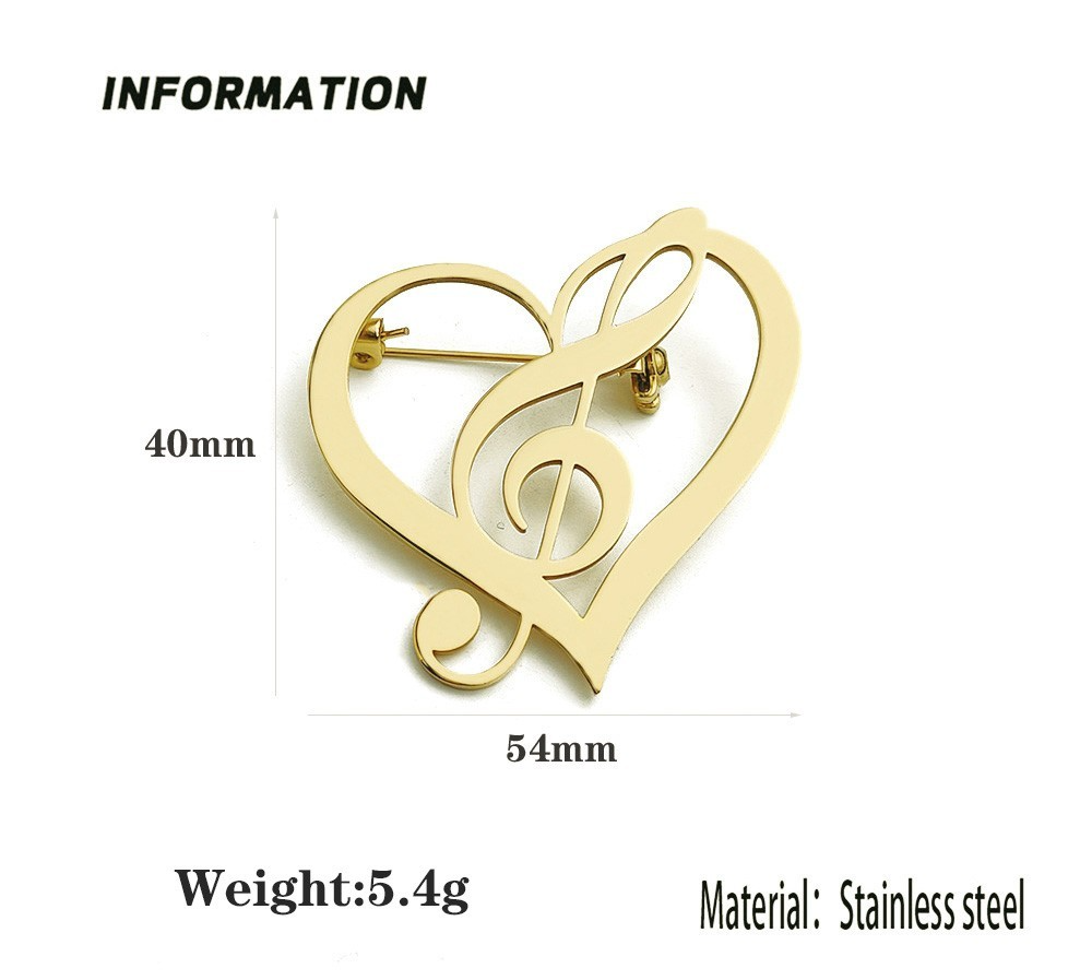 3 Pcs Heart Treble Clef Music Note Stainless Steel Brooch Pin Set Gold Silver Bl