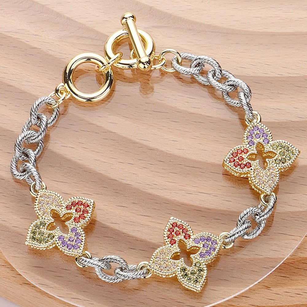 Luxury Inspired Monogram Flower Bracelet Crystal Gold Silver Tone T-Clasp