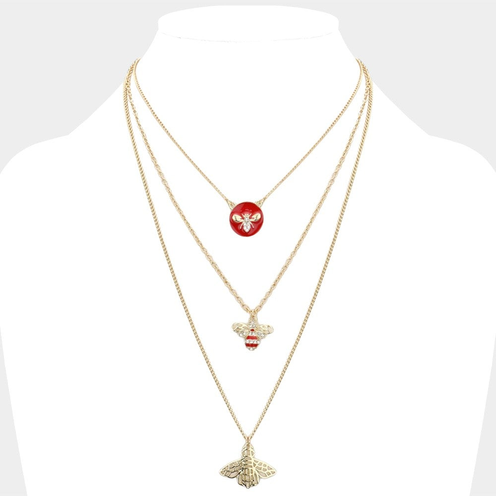 Gold Bee Triple Layered Necklace Set - Red Enamel & Crystal Insect Jewelry
