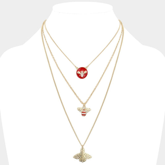 Gold Bee Triple Layered Necklace Set - Red Enamel & Crystal Insect Jewelry