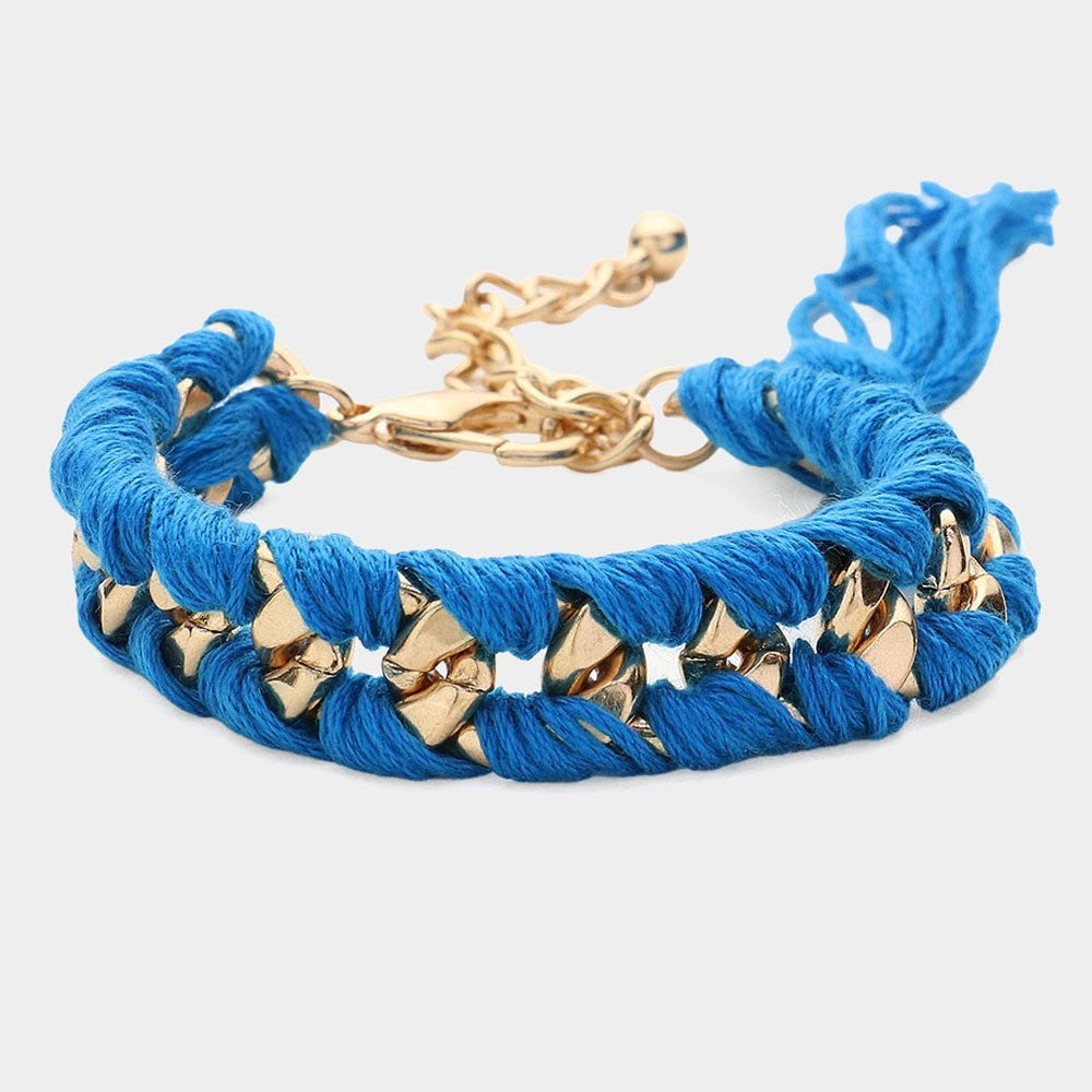 Blue Woven Rope Chain Link Bracelet with Gold Accents and Tassel - One Size