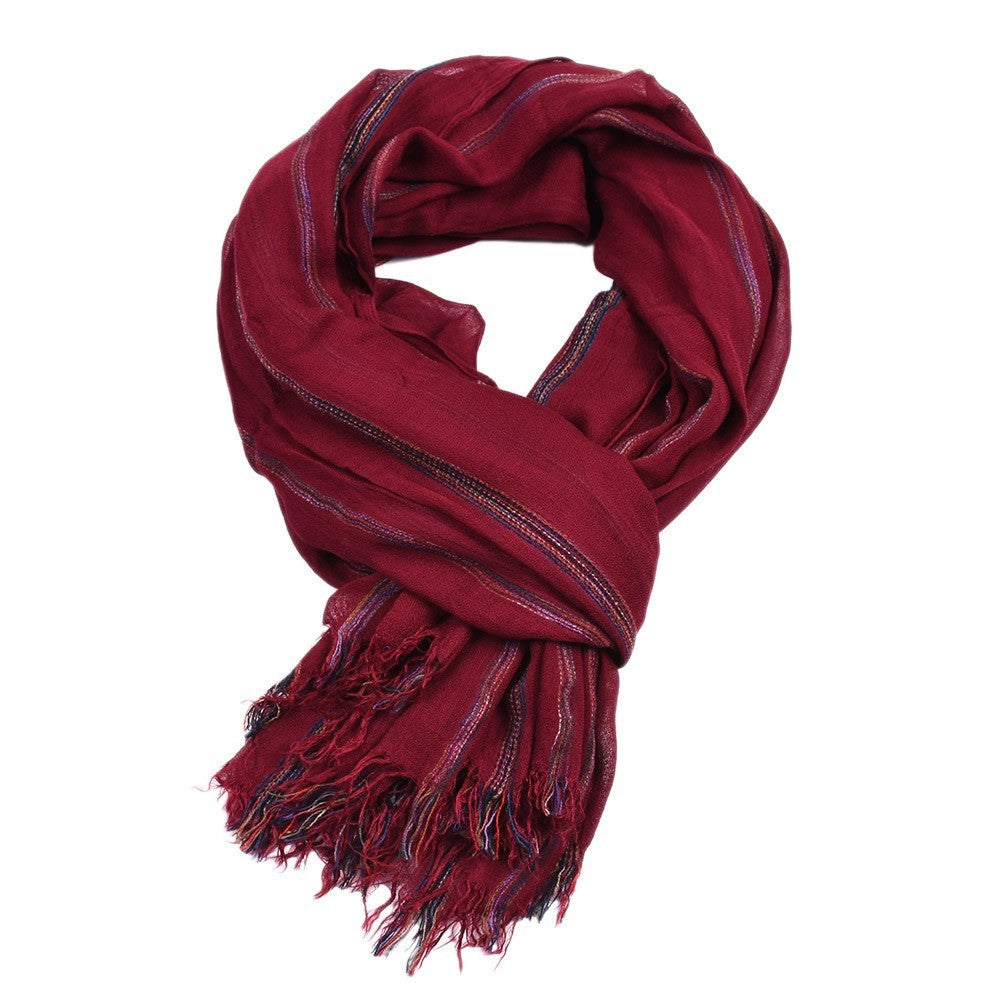 Burgundy Striped Scarf Cotton Linen Blend Large Shawl Wrap 75 x 37 Inches
