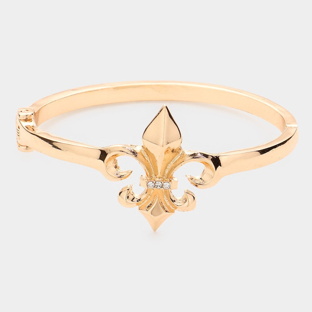 Rhinestone Embellished Metal Fleur de Lis Hinged Cuff Bracelet for Women Gold