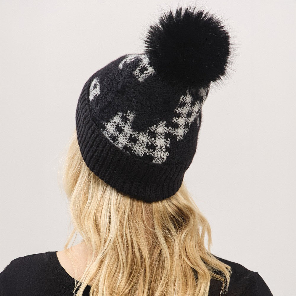 Women's One Size Paid Pattern Faux Fur Mixed Fleeced Pom Pom Winter Beanie Hat