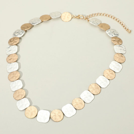 Two-Tone Hammered Disc Choker Necklace Gold & Silver Tone Collar Jewelry