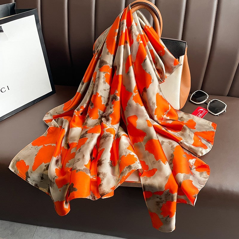 Large Orange Tan Abstract Camouflage Silk Feel Satin Scarf Shawl Wrap 70"x35"