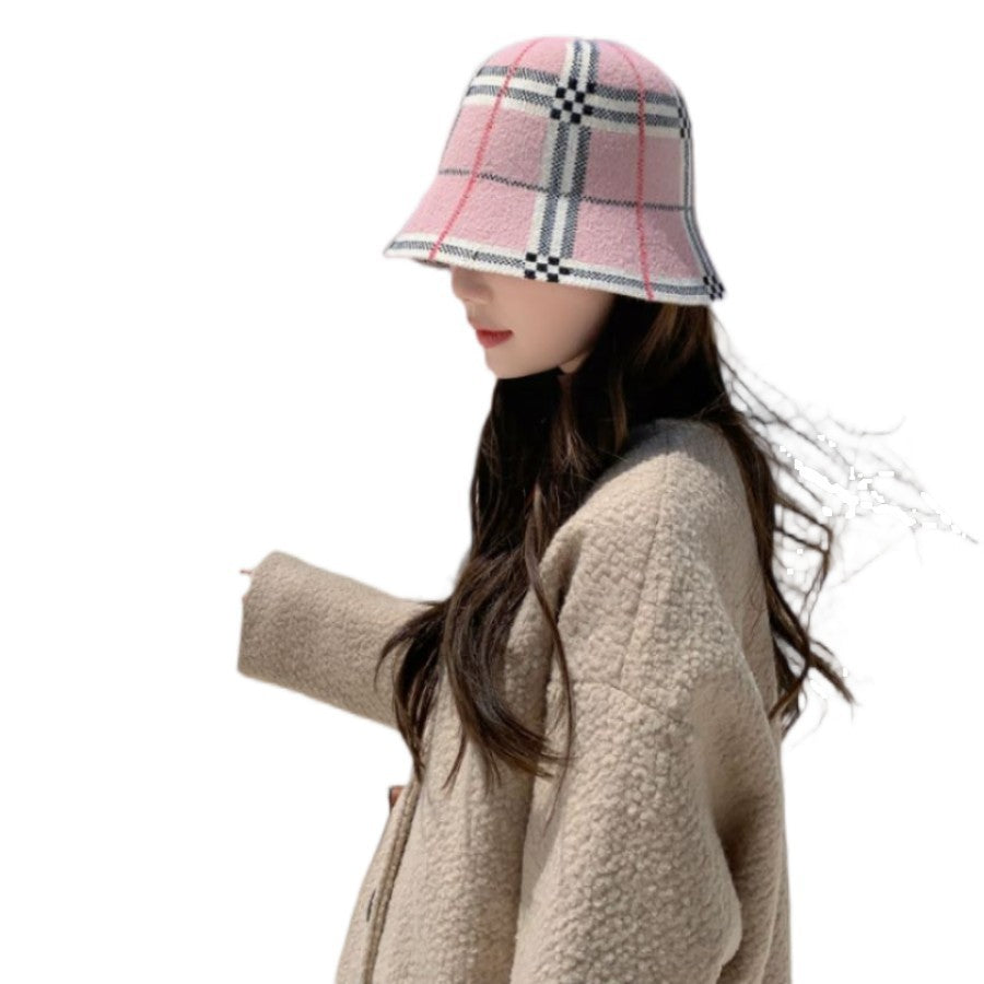 Wool Blend Plaid Bucket Hat Women's Winter Check Tartan Pink Fisherman Cap
