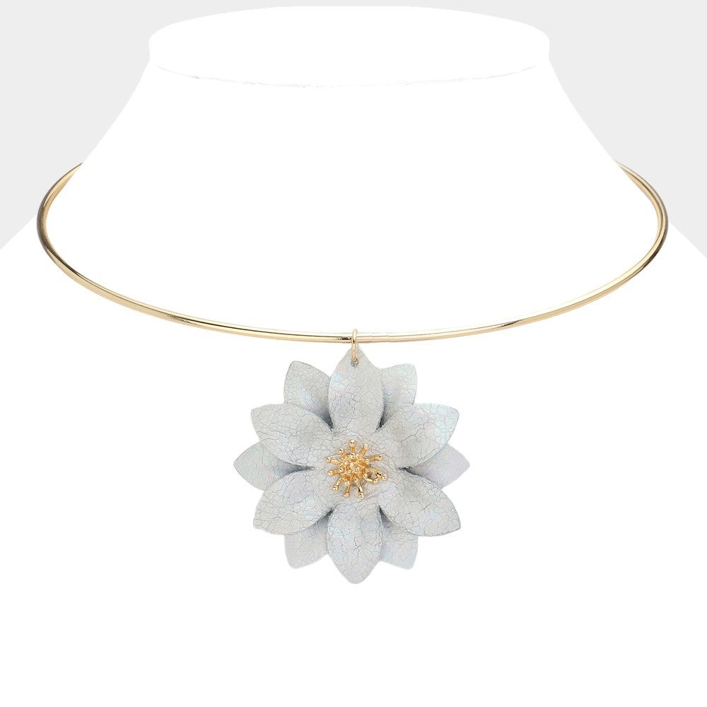 Gold Wire Choker Necklace with Light Blue Fabric Flower Pendant Statement Jewelr