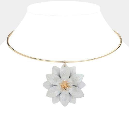 Gold Wire Choker Necklace with Light Blue Fabric Flower Pendant Statement Jewelr