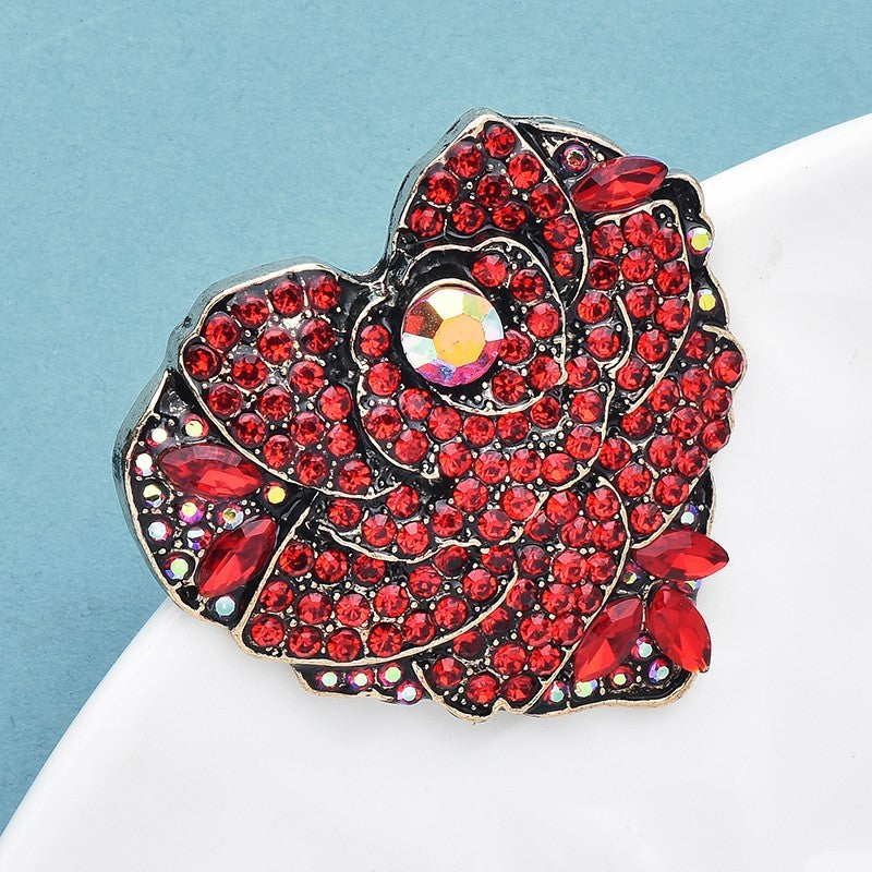 2pcs Red Rhinestone Heart Rose Flower Brooch Pin Women Wedding Jewelry Gift