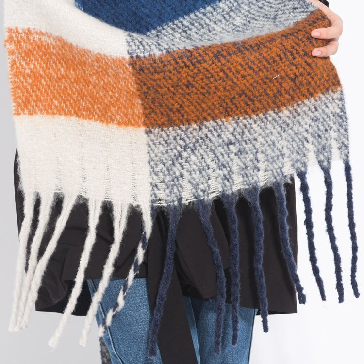 Warm Fuzzy Oversized Plaid Blanket Scarf Shawl Wrap Blue Orange Winter