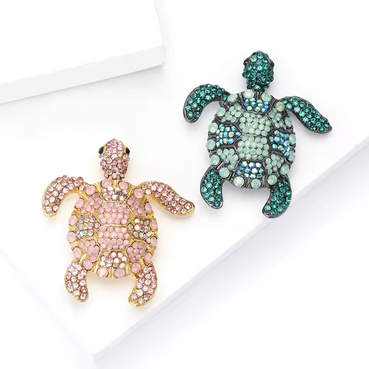 2pcs Sparkling Sea Turtle Rhinestone Brooch Pin Set Pink Green Pendant Jewelry
