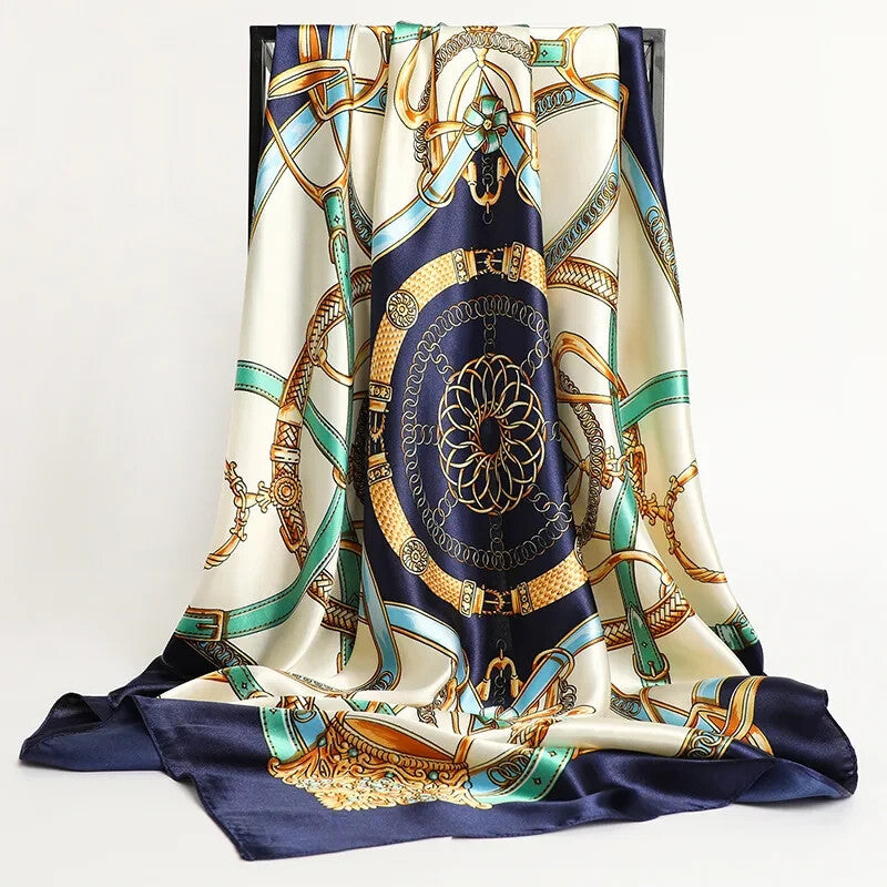 Luxury Printed Satin Square Silk Scarf for Women 35 Inch Hair Wrap Shawl Navy